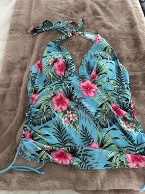 Tropical Blue Halter Tankini Top with Pink Hibiscus